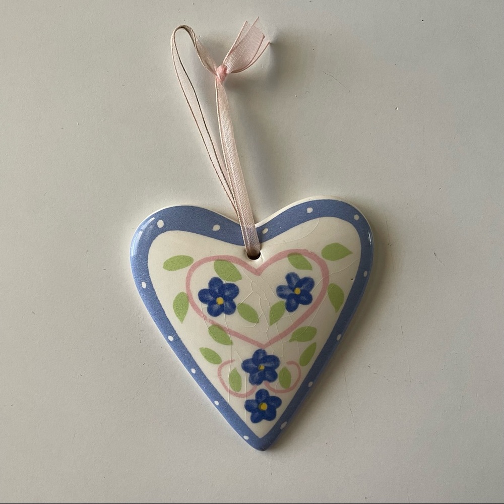 Heart shaped ceramic ornament with blue floral print design